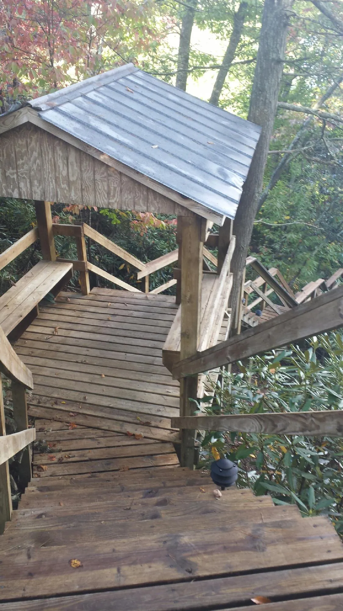Metal roofed shelter over wooden steps on a wooded walkway — Skylight Repair & Installation work by our crew in Eighty Four